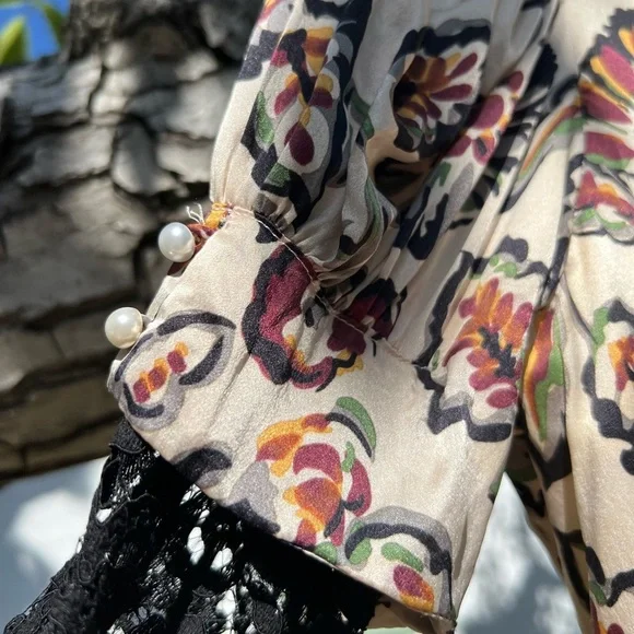 Rodarte White and Burgundy Floral Print Silk Charmeuse Blouse with Collar | FW16 - Picture 12 of 16